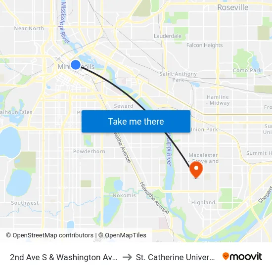 2nd Ave S & Washington Ave S to St. Catherine University map