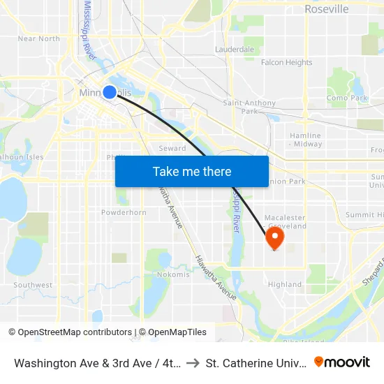 Washington Ave & 3rd Ave / 4th Ave S to St. Catherine University map