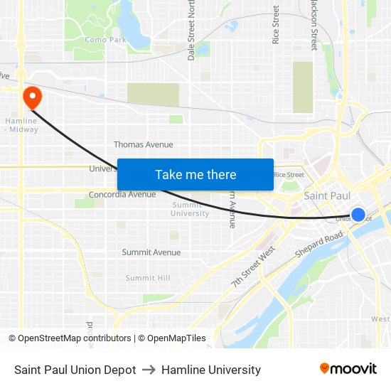 Saint Paul Union Depot to Hamline University map