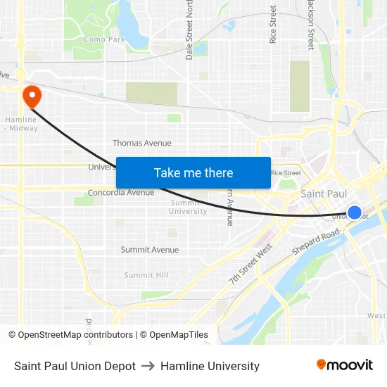 Saint Paul Union Depot to Hamline University map