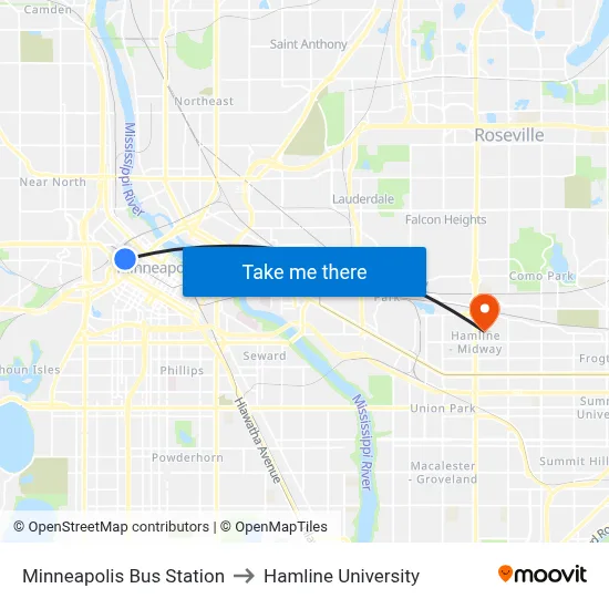 Minneapolis Bus Station to Hamline University map