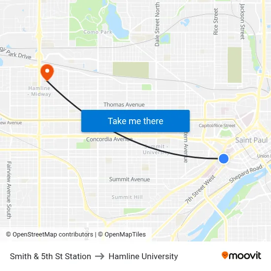 Smith & 5th St Station to Hamline University map