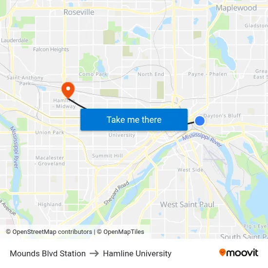 Mounds Blvd Station to Hamline University map