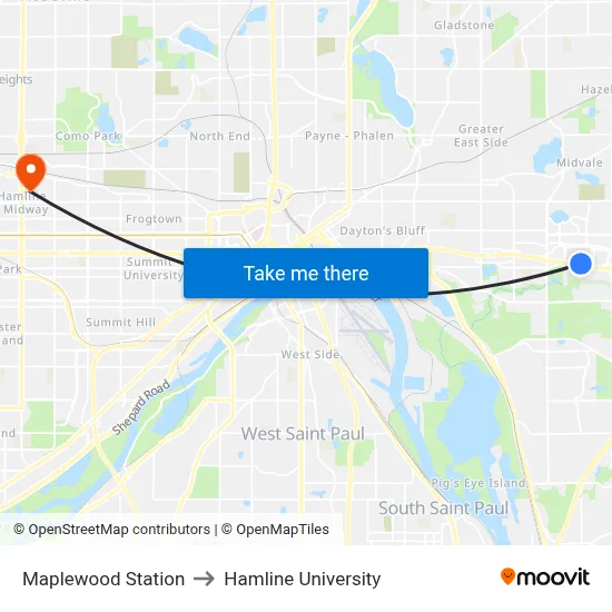 Maplewood Station to Hamline University map