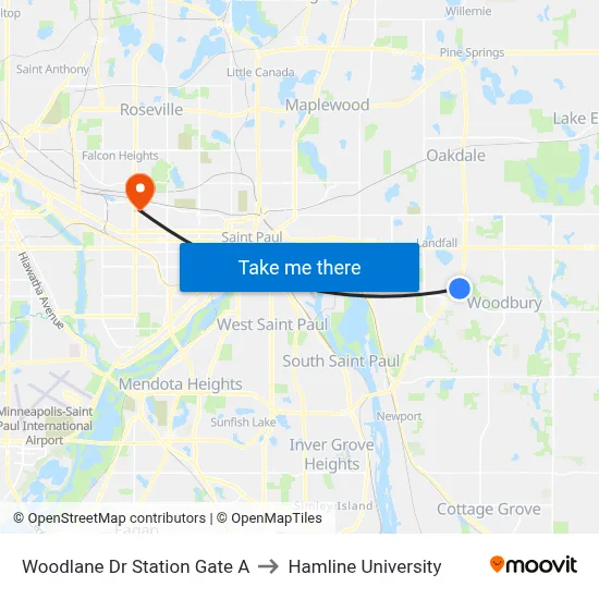 Woodlane Dr Station Gate A to Hamline University map