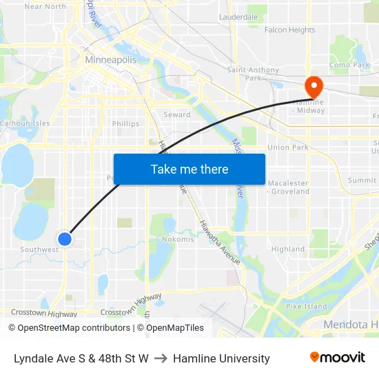 Lyndale Ave S & 48th St W to Hamline University map