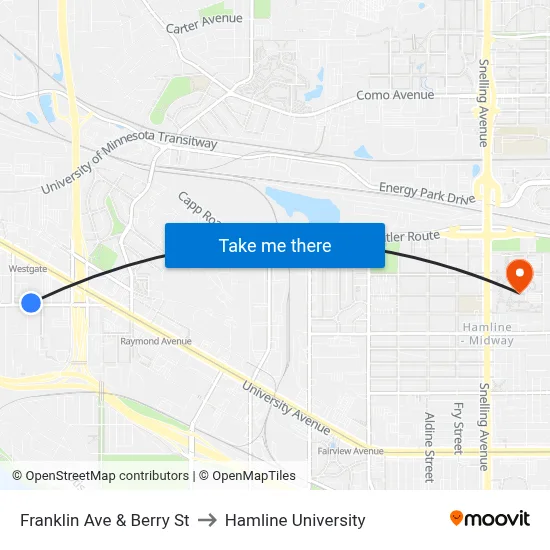 Franklin Ave & Berry St to Hamline University map