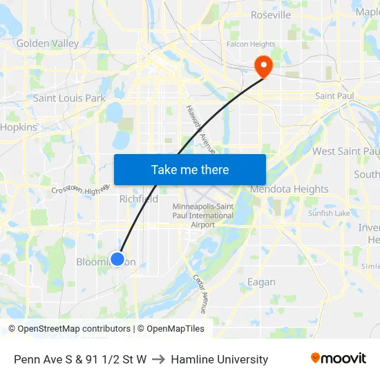 Penn Ave S & 91 1/2 St W to Hamline University map