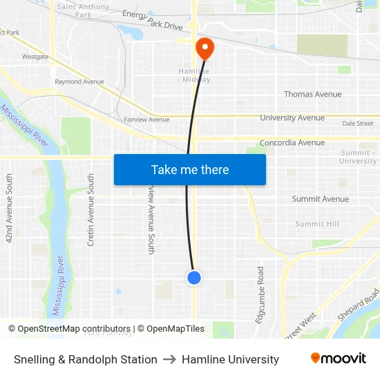 Snelling & Randolph Station to Hamline University map