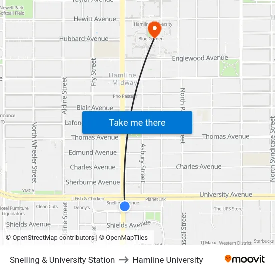Snelling & University Station to Hamline University map