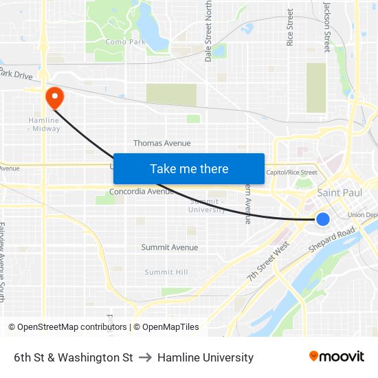 6th St & Washington St to Hamline University map