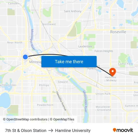 7th St & Olson Station to Hamline University map