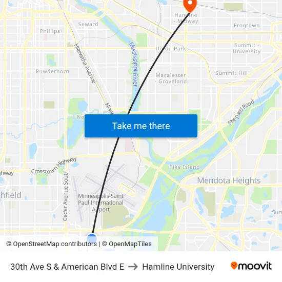 30th Ave S & American Blvd E to Hamline University map
