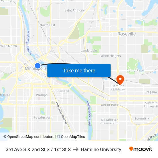 3rd Ave S & 2nd St S / 1st St S to Hamline University map