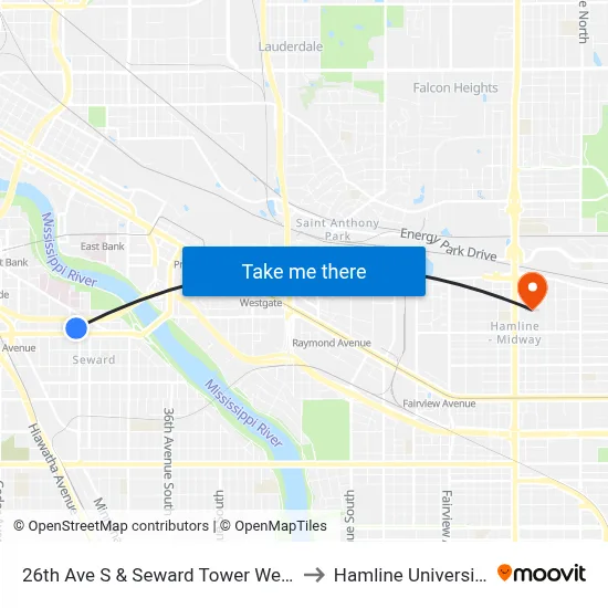 26th Ave S & Seward Tower West to Hamline University map