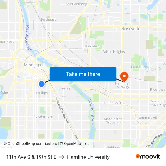 11th Ave S & 19th St E to Hamline University map