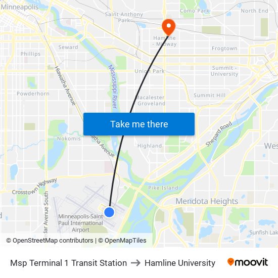 Msp Terminal 1 Transit Station to Hamline University map