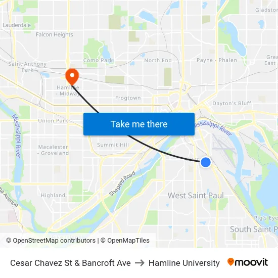 Cesar Chavez St & Bancroft Ave to Hamline University map