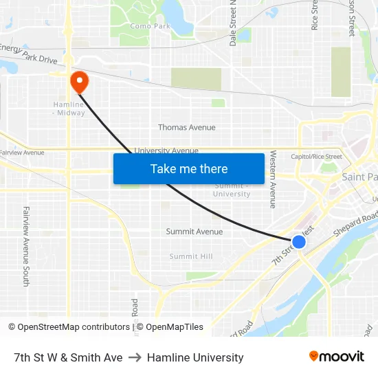 7th St W & Smith Ave to Hamline University map