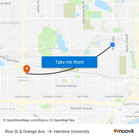 Rice St & Orange Ave to Hamline University map
