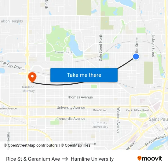 Rice St & Geranium Ave to Hamline University map