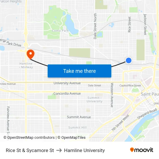 Rice St & Sycamore St to Hamline University map