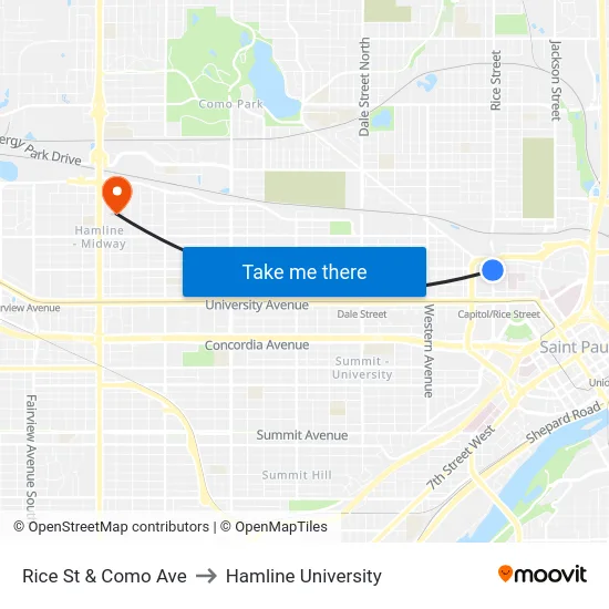 Rice St & Como Ave to Hamline University map