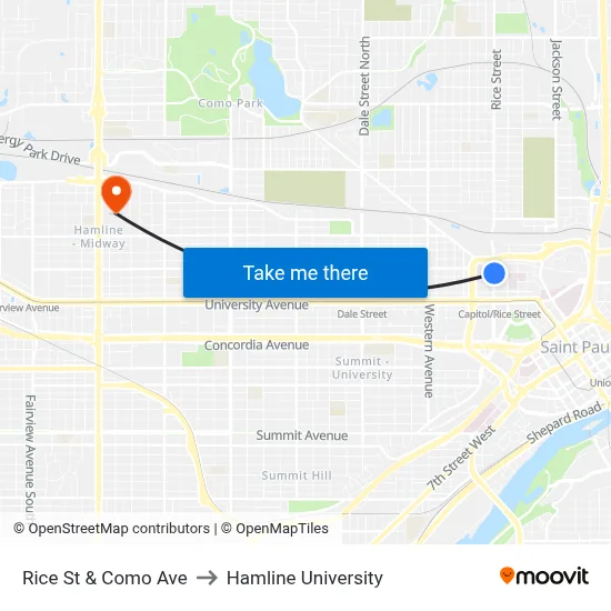 Rice St & Como Ave to Hamline University map