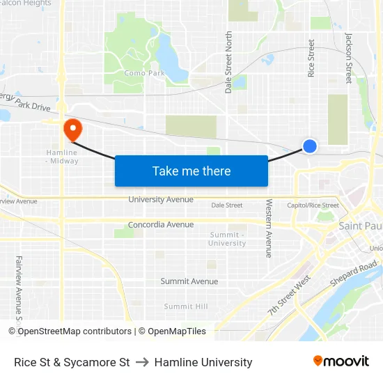 Rice St & Sycamore St to Hamline University map