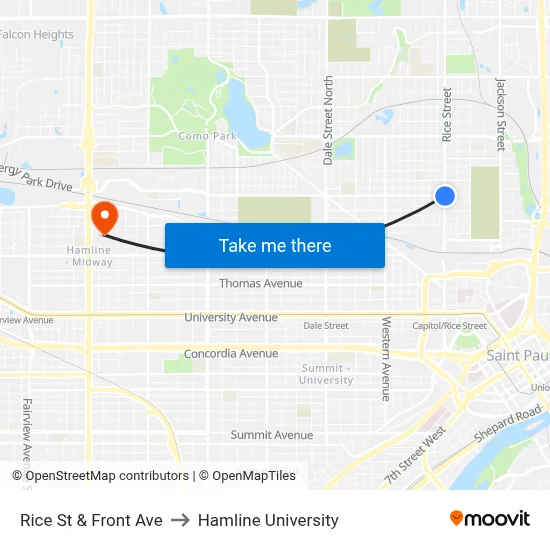 Rice St & Front Ave to Hamline University map