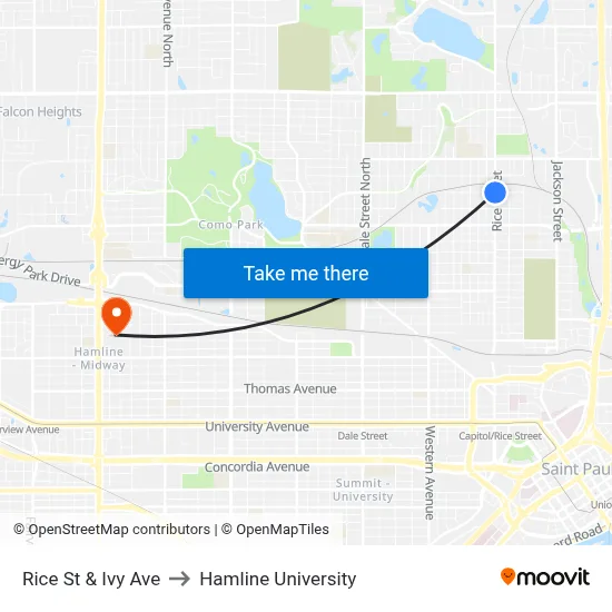 Rice St & Ivy Ave to Hamline University map