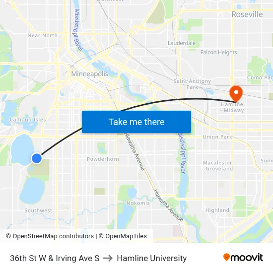 36th St W & Irving Ave S to Hamline University map