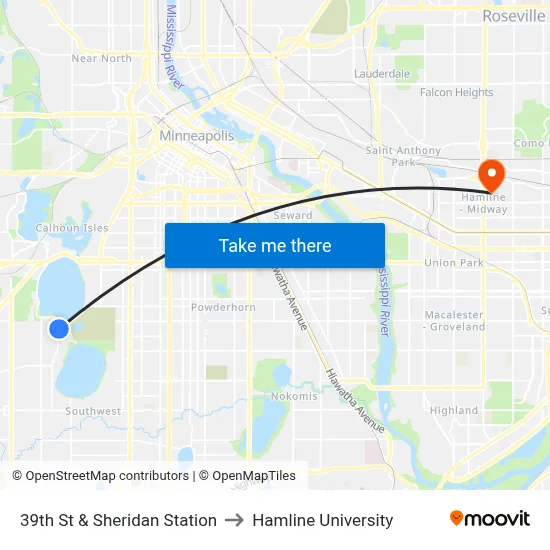 39th St & Sheridan Station to Hamline University map