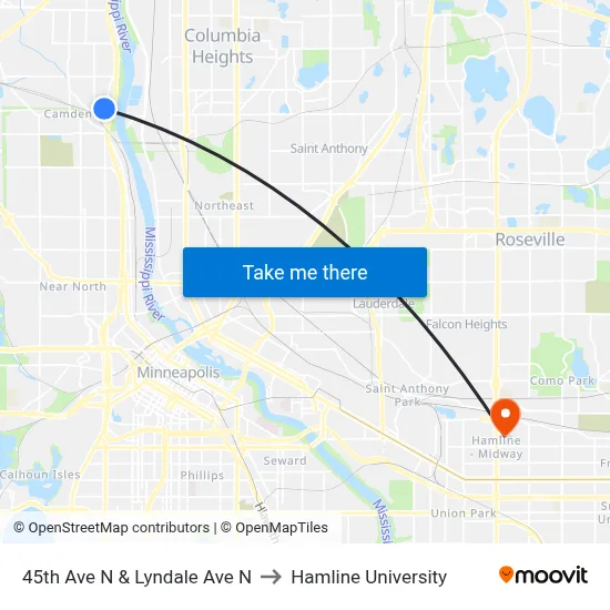45th Ave N & Lyndale Ave N to Hamline University map
