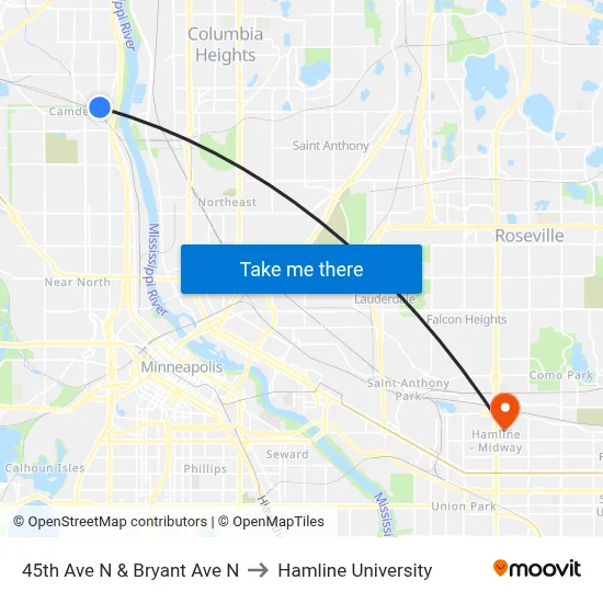 45th Ave N & Bryant Ave N to Hamline University map