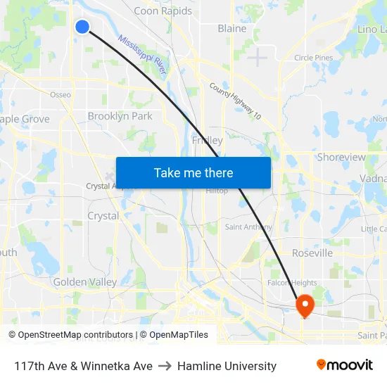 117th Ave & Winnetka Ave to Hamline University map