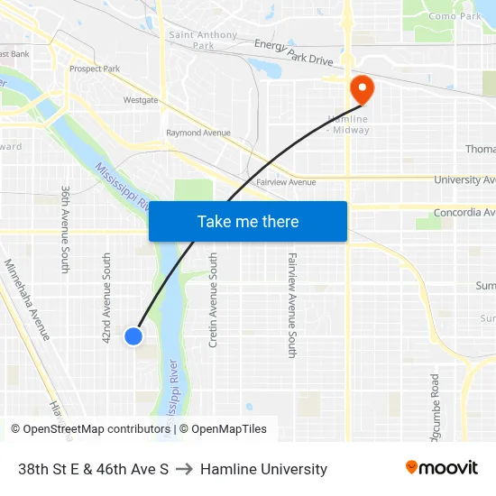 38th St E & 46th Ave S to Hamline University map