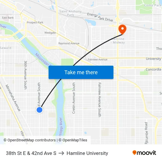 38th St E & 42nd Ave S to Hamline University map