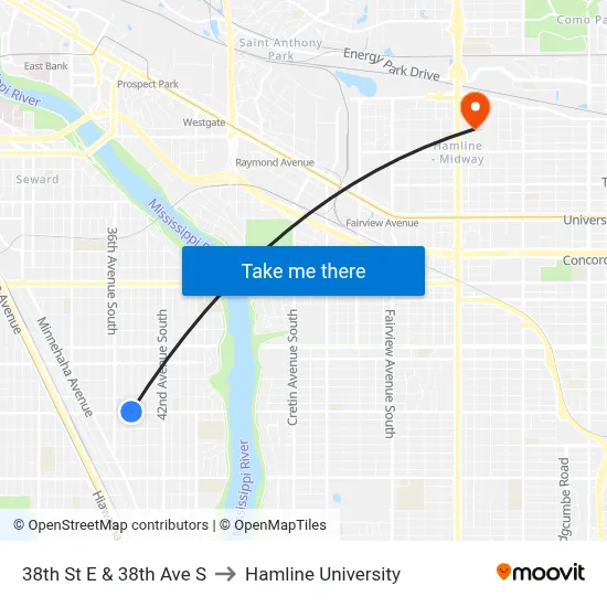 38th St E & 38th Ave S to Hamline University map