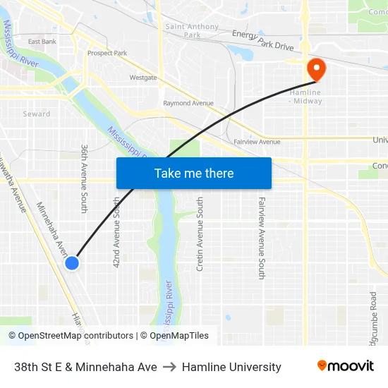 38th St E & Minnehaha Ave to Hamline University map