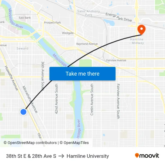 38th St E & 28th Ave S to Hamline University map