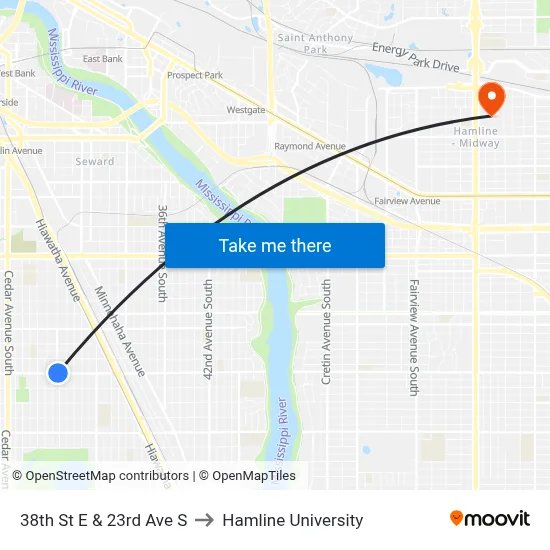 38th St E & 23rd Ave S to Hamline University map