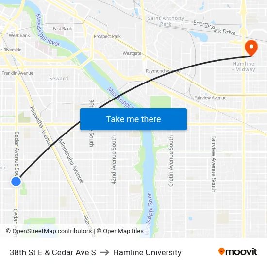 38th St E & Cedar Ave S to Hamline University map