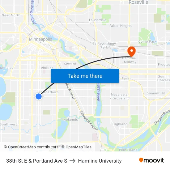 38th St E & Portland Ave S to Hamline University map