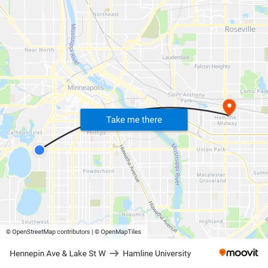 Hennepin Ave & Lake St W to Hamline University map