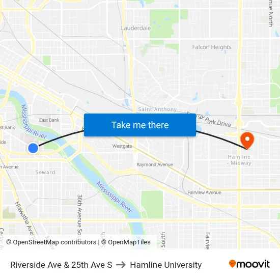 Riverside Ave & 25th Ave S to Hamline University map