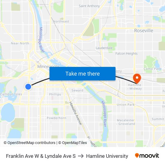 Franklin Ave W & Lyndale Ave S to Hamline University map