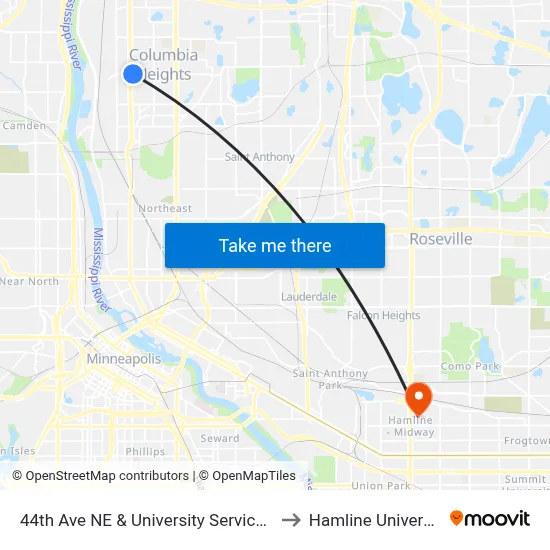 44th Ave NE & University Service Rd to Hamline University map