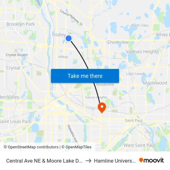 Central Ave NE & Moore Lake Dr E to Hamline University map