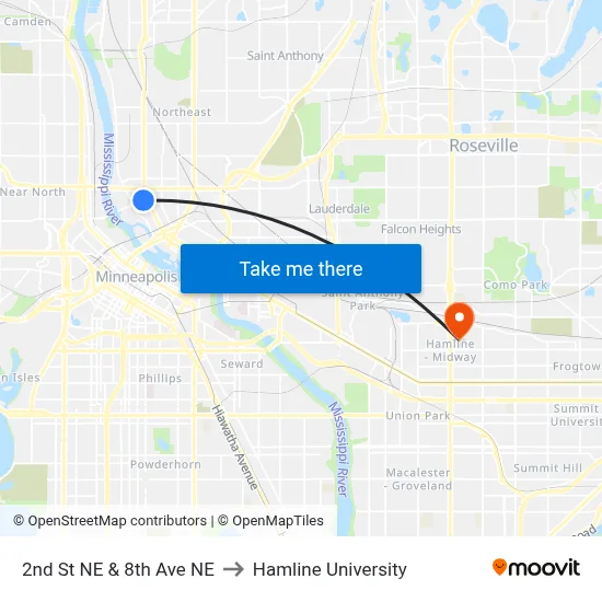 2nd St NE & 8th Ave NE to Hamline University map